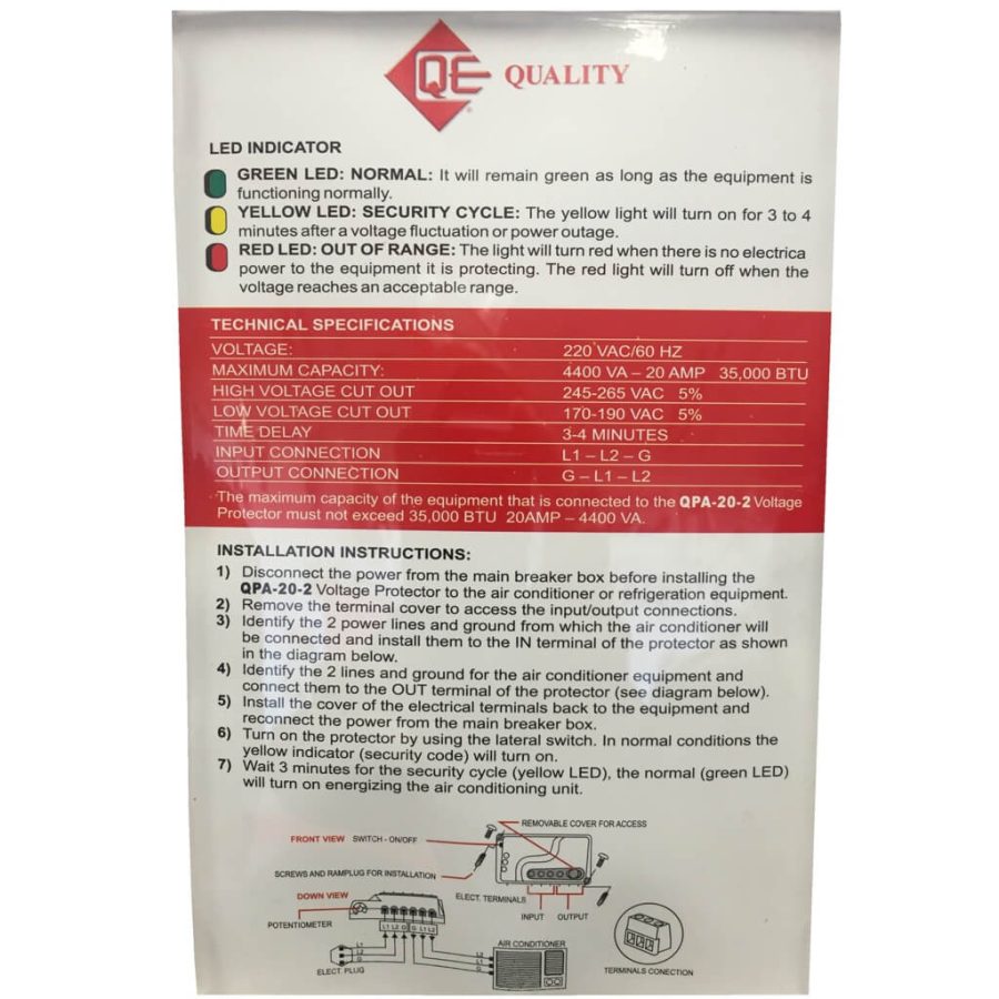 QE VOLTAGE SURGE PROTECTOR AIR CONDITIONERS UP TO 35K BTU, FREEZERS, ETC 220 V 60 HZ 20 AMP