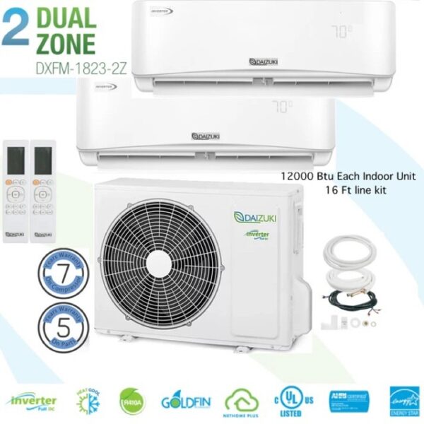 Daizuki Dual Zone 2 High Wall 12000 Btu 16 Ft line Kit 22 SEER Ductless Mini Split Air Conditioner Inverter Wifi Heat Pump