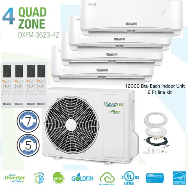 Daizuki Quad Zone 4 High Wall 12000 Btu 16 Ft line Kit 22.2 SEER Ductless Mini Split Air Conditioner Inverter Wifi Heat Pump