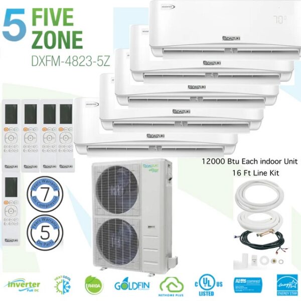 Daizuki Quint Zone 5 High Wall 12000 Btu 16 Ft line Kit 21.8 SEER Ductless Mini Split Air Conditioner Inverter Wifi Heat Pump