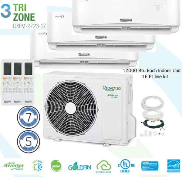 Daizuki Tri Zone 3 High Wall 12000 Btu 16 Ft line Kit 23 SEER Ductless Mini Split Air Conditioner Inverter Wifi Heat Pump