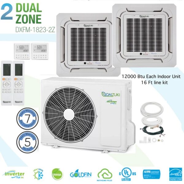 Daizuki Dual Zone 2 Ceiling Cassette12000 Btu 16 Ft line Kit 22 SEER Ductless Mini Split Air Conditioner Inverter Wifi Heat Pump