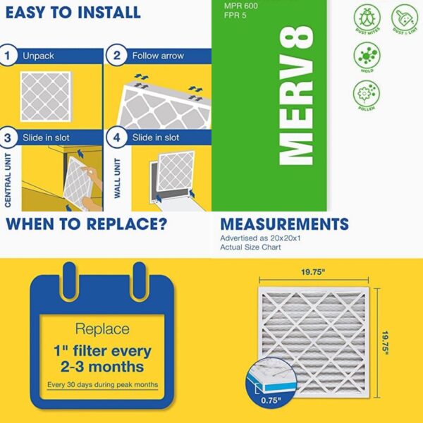 Aerostar, 20x20x1, MERV 8, High Efficiency Pleated HVAC, Furnace, Air Conditioner Filters, Removes Dust, Lint, Mold, Allergy Causing Pollen (12 Units/Order)