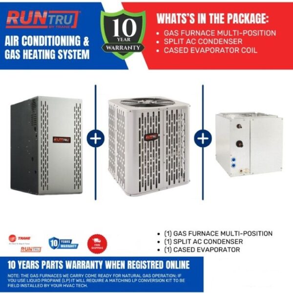 RunTru by Trane, 1.5 Ton, 14 SEER, 80% AFUE, 60,000 BTU, Furnace And AC System, R454B, Multi-Positional, 60 Hz