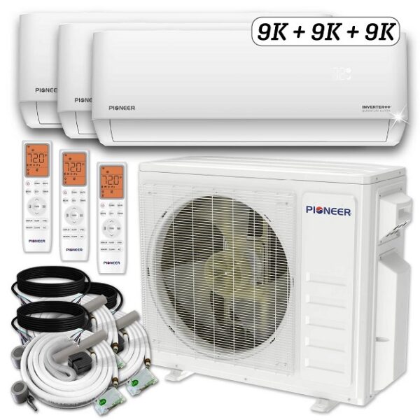 Pioneer Triple Split 27000 BTU 2.25-Ton Quantum Ultra Wi-Fi 24 SEER2 Energy-Star Multi (3) Zone Wall Mount Air Conditioner Heat Pump 230-Volt with 16 Ft. Kits