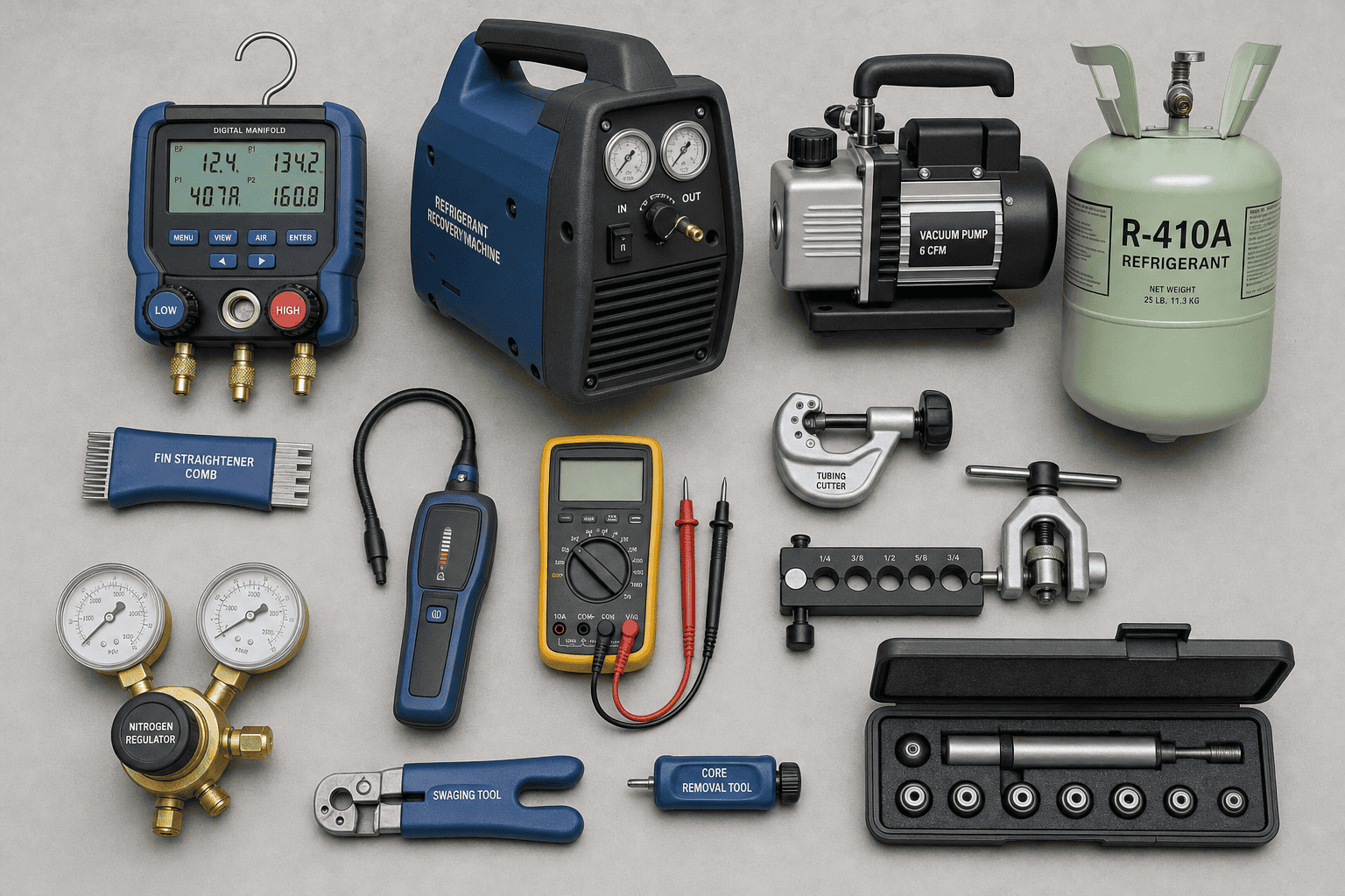 Overhead flat-lay of essential HVAC technician tools including manifold gauges, multimeter, vacuum pump, and hand tools