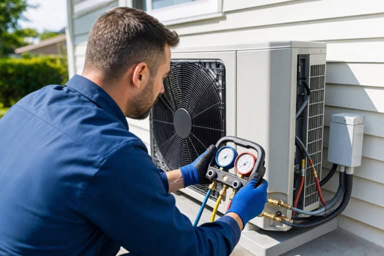 HVAC technician using refrigerant manifold gauges on outdoor condenser