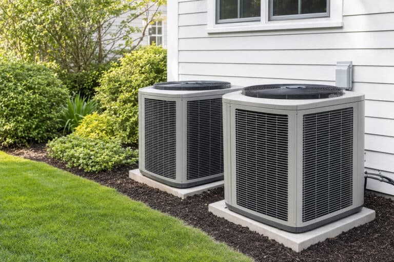 Two residential outdoor AC condenser units side by side next to suburban home