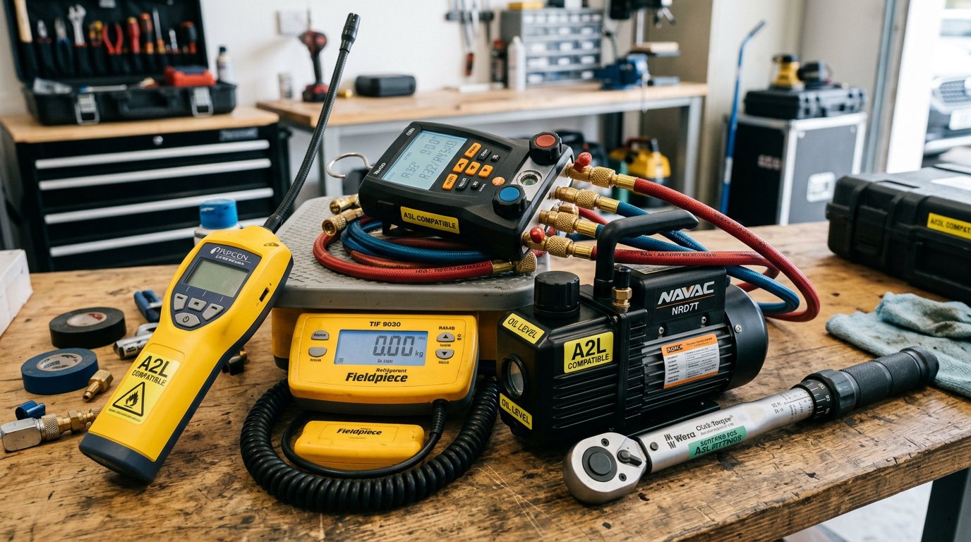 A2L-rated HVAC service tools on a workbench