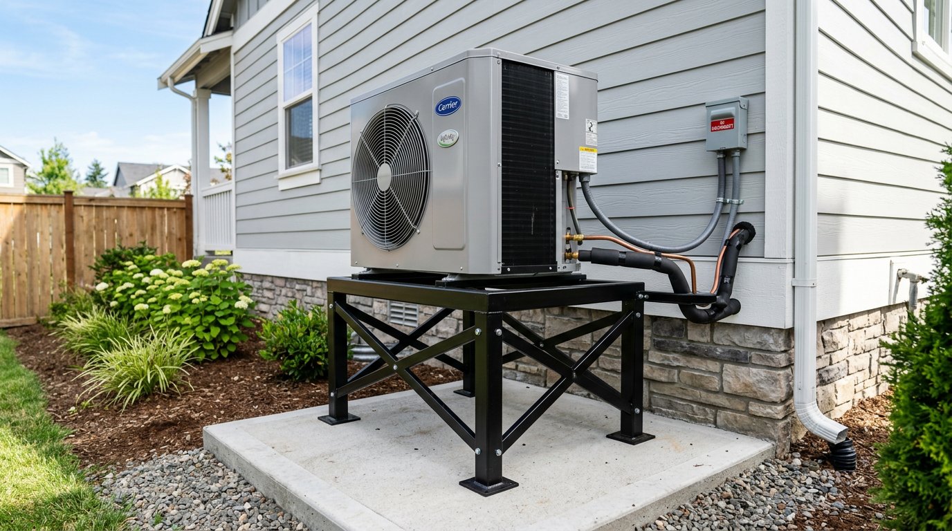 Outdoor heat pump installed on a metal equipment stand