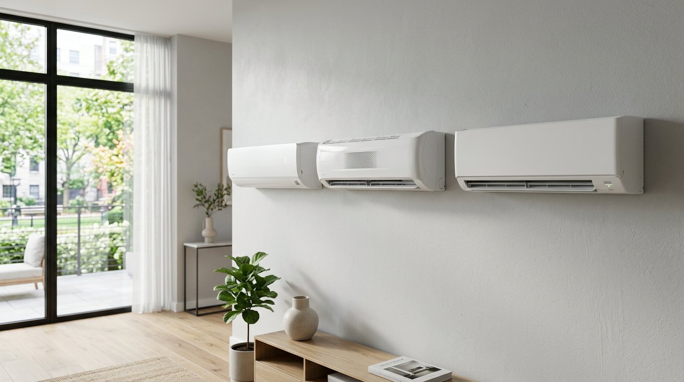 Lineup of three modern mini split indoor units