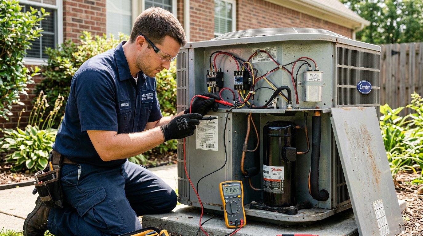 Technician testing AC condenser with a multimeter