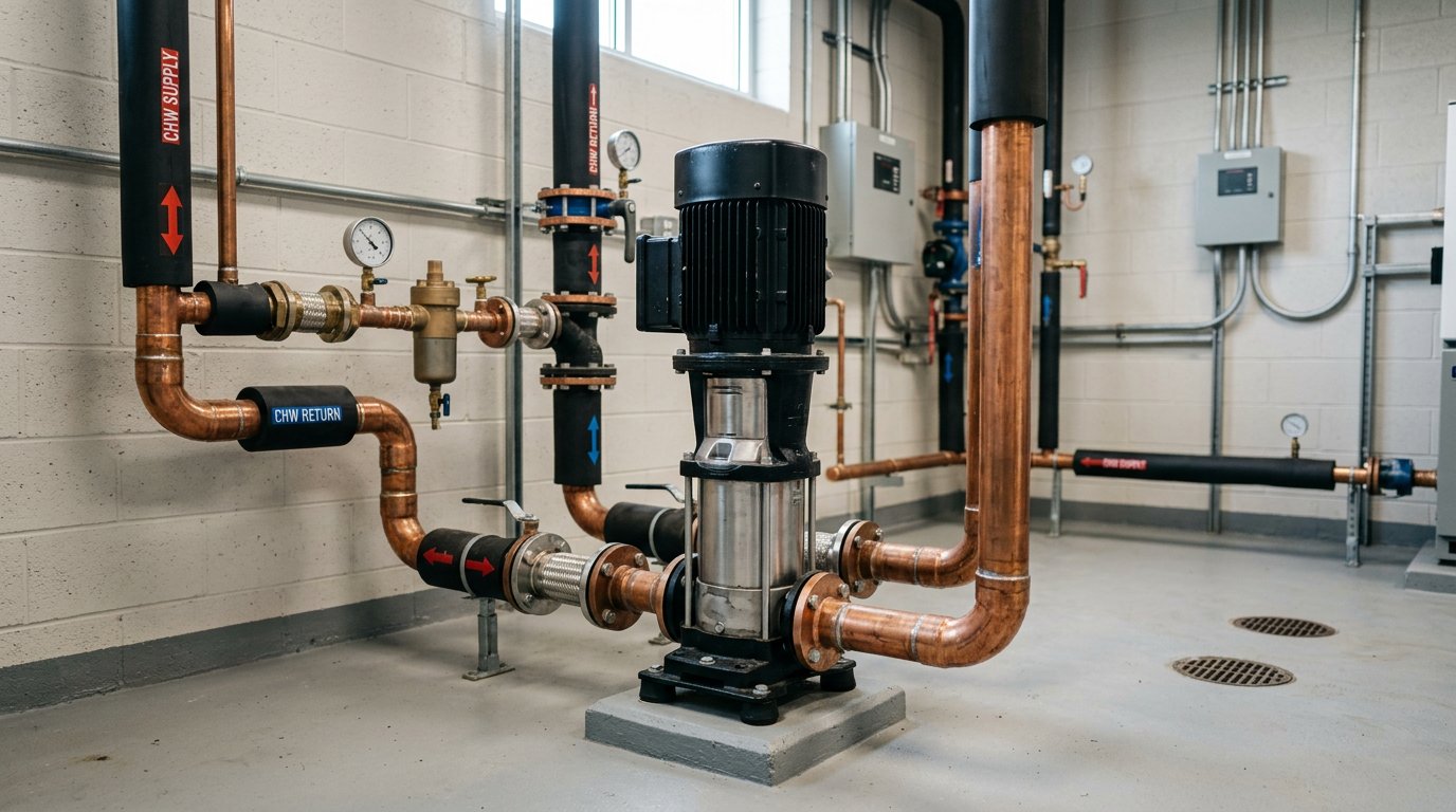 Industrial circulating water pump in a mechanical room