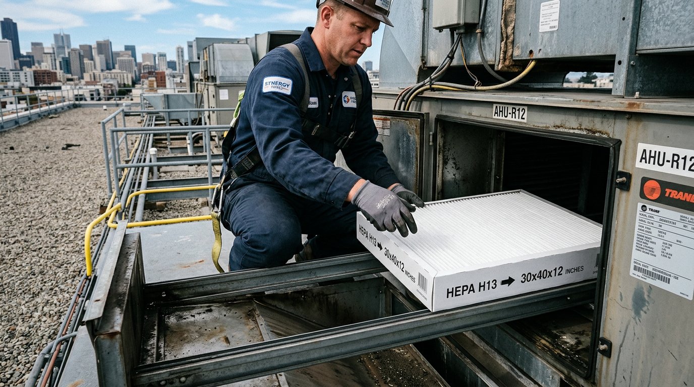 Technician installing a HEPA filter in a rooftop air handler