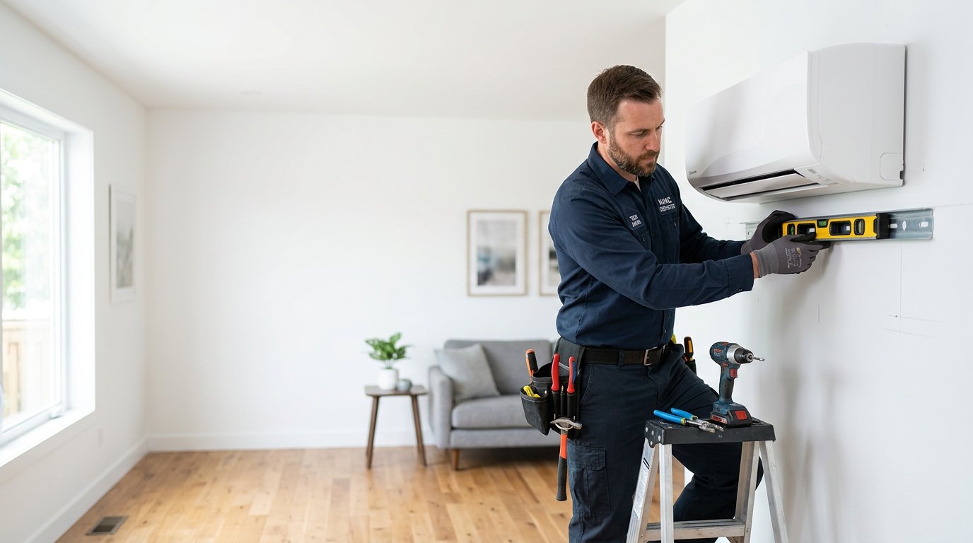 HVAC technician installing mini split indoor unit