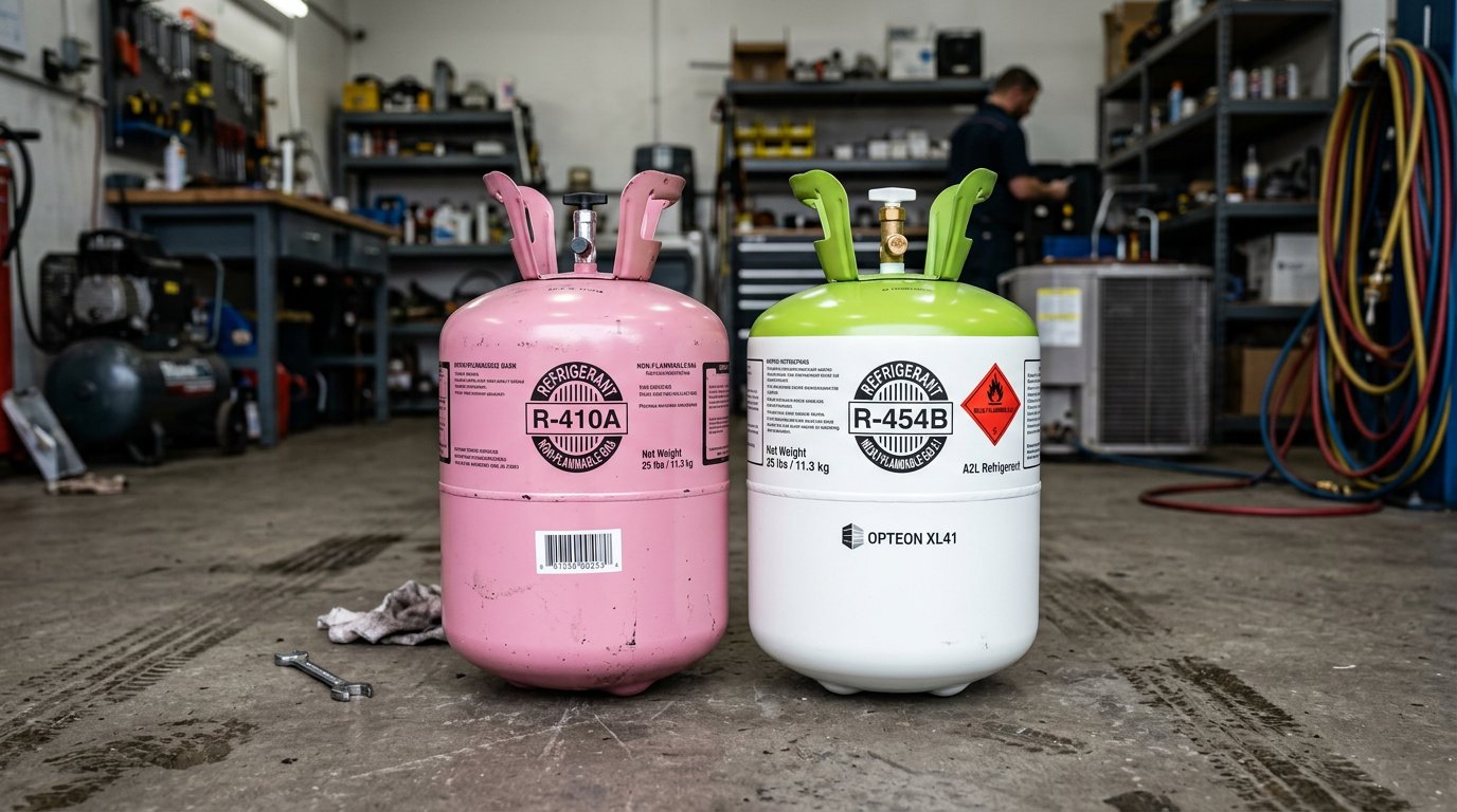 R-410A and R-454B refrigerant cylinders side by side