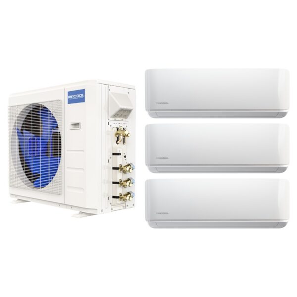 MRCOOL DIY 5th Gen 18,000 BTU 3-zone complete system: DIY-MULTI3-18HP230D-O condenser with three DIY-06-HP-WMAH-230D25-O 6,000 BTU wall-mount air handlers