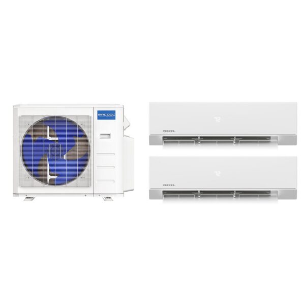 MRCOOL Olympus 18,000 BTU 2-zone complete system: MULTI3-18HP230C-O condenser with two O-09-HP-WMAH-230C-O 9,000 BTU wall-mount air handlers