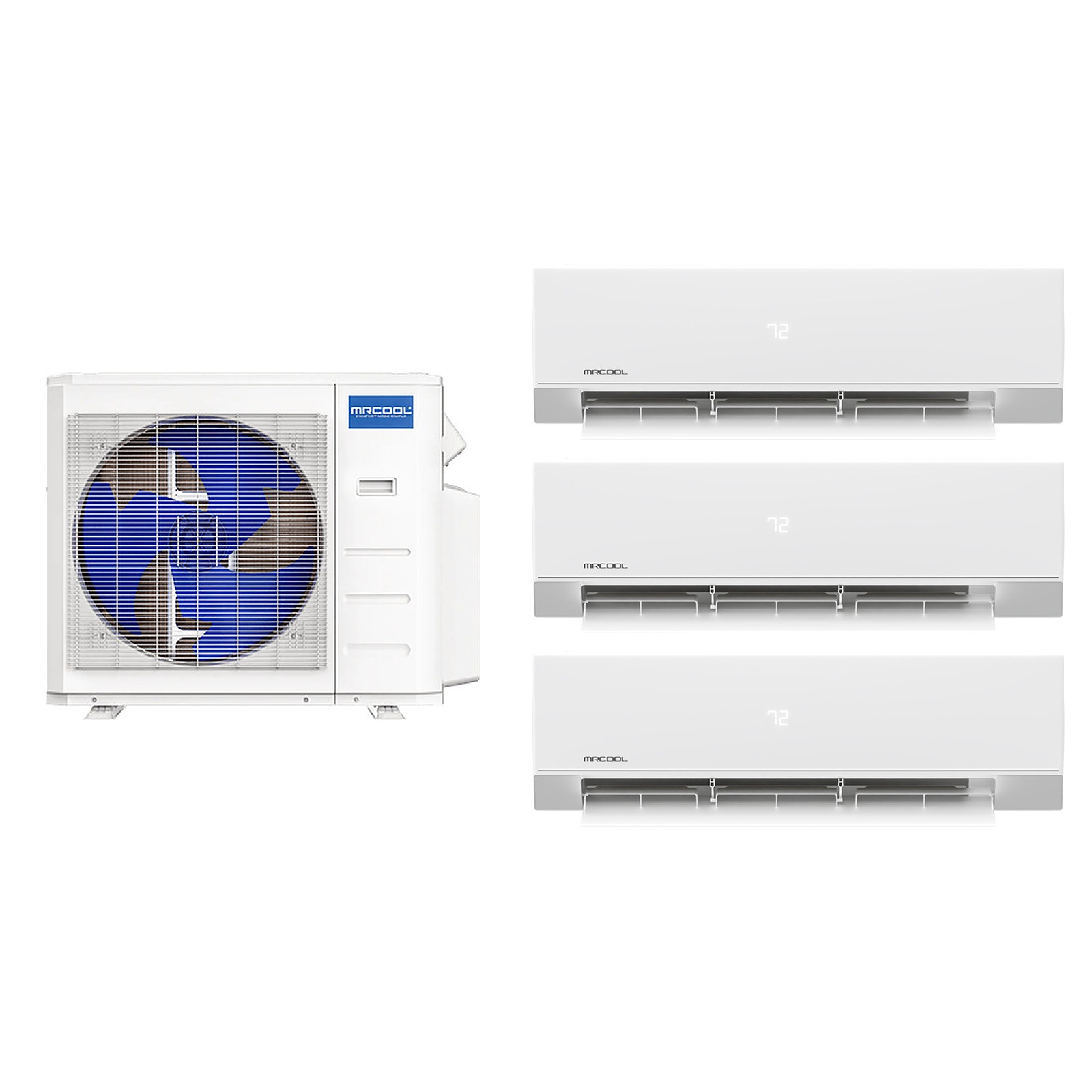 MRCOOL Olympus 3-Zone — MRCOOL Olympus 27,000 BTU 3-zone complete system: MULTI4-27HP230C-O condenser with three O-09-HP-WMAH-230C-O 9,000 BTU wall-mount air handlers