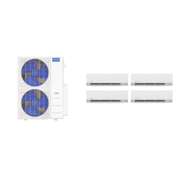 MRCOOL Olympus 48,000 BTU 4-zone complete system: MULTI6-48HP230C-O condenser with four O-12-HP-WMAH-230C-O 12,000 BTU wall-mount air handlers