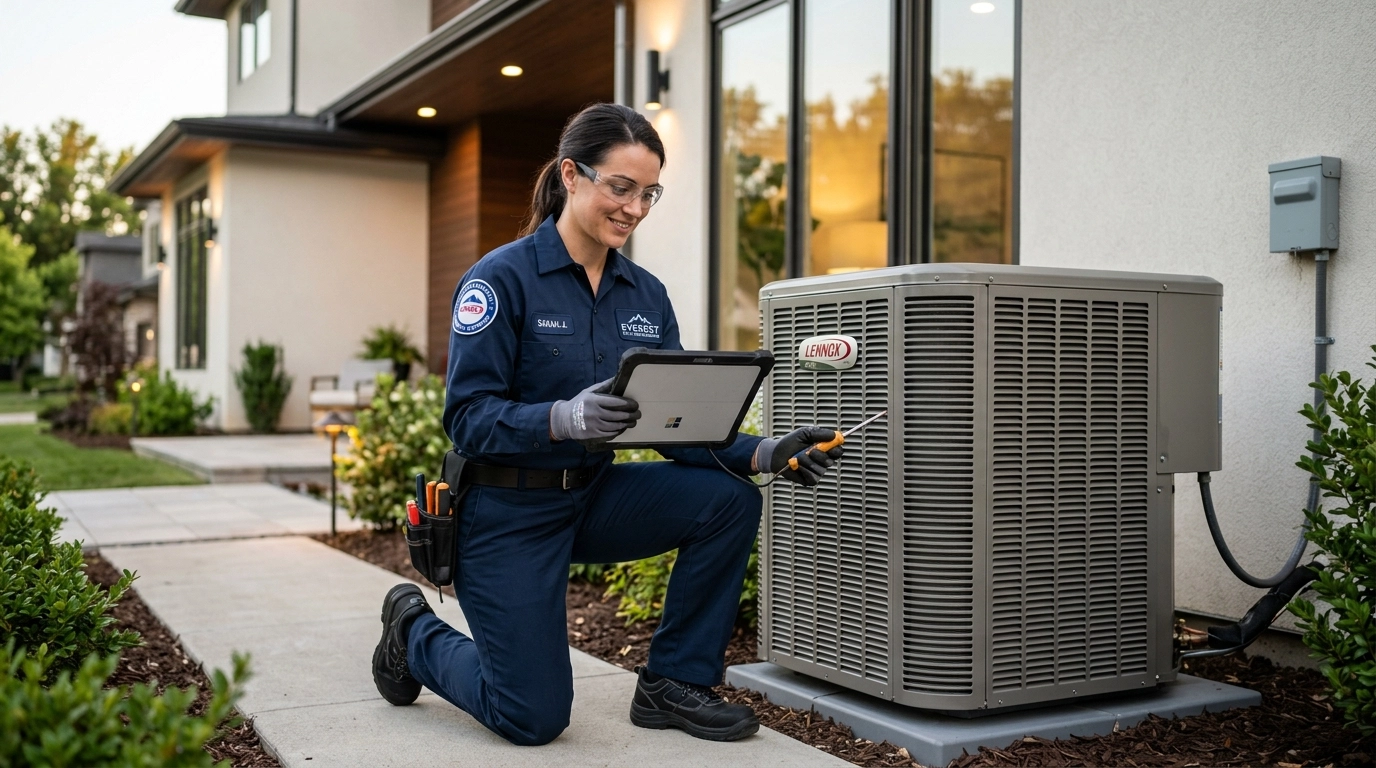 A professional HVAC technician inspecting a high-end central air conditioning condenser unit, symbolizing expertise and operational excellence in the 2026 refrigerant transition.