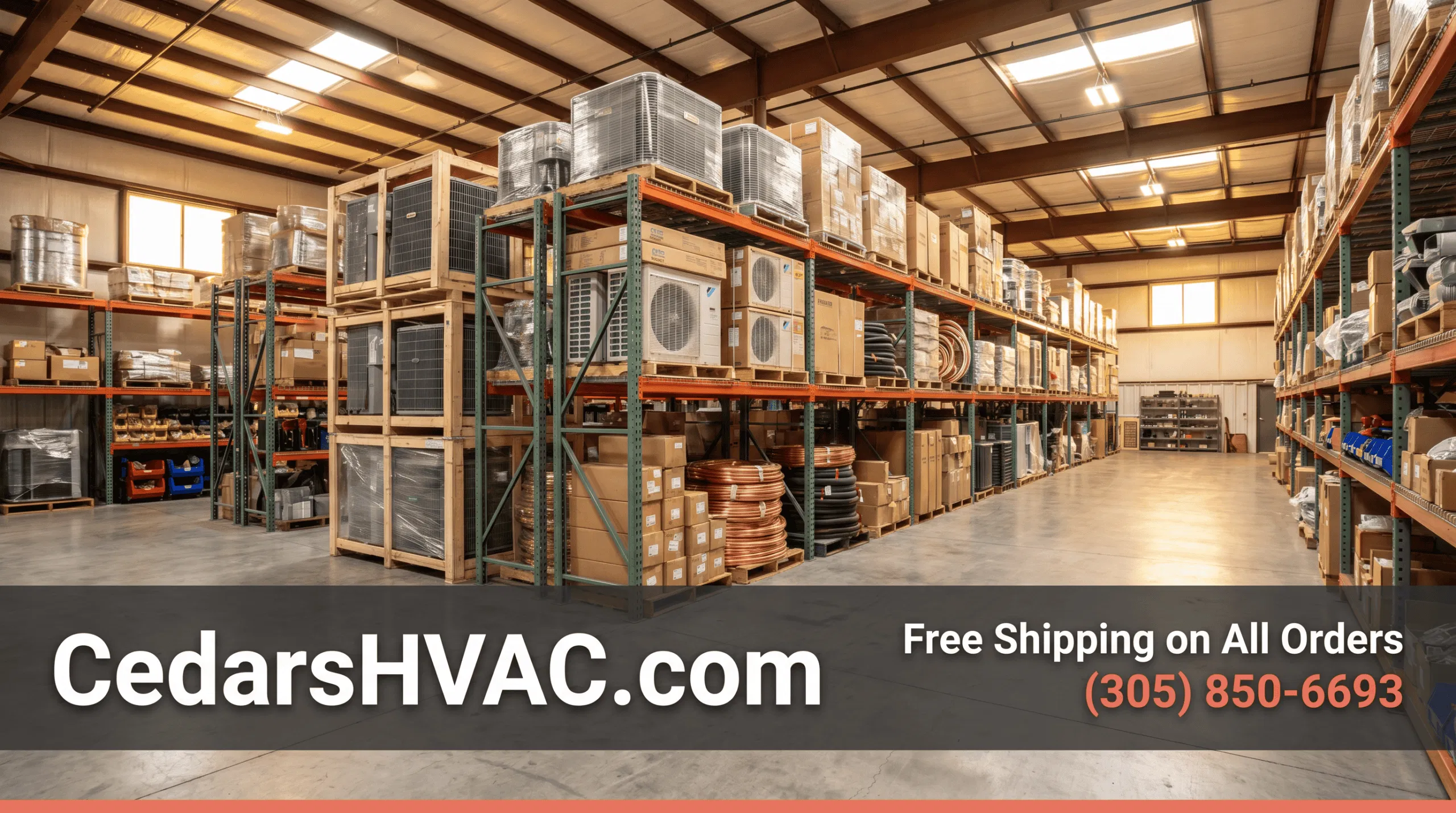 Fully stocked CedarsHVAC warehouse featuring organized industrial shelving loaded with professional HVAC supplies