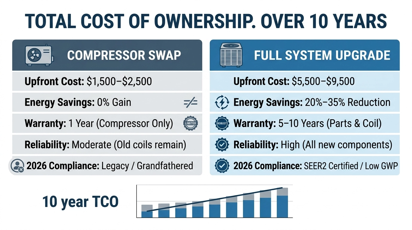 Professional infographic comparing 10-year total cost of ownership for compressor swap versus full system upgrade