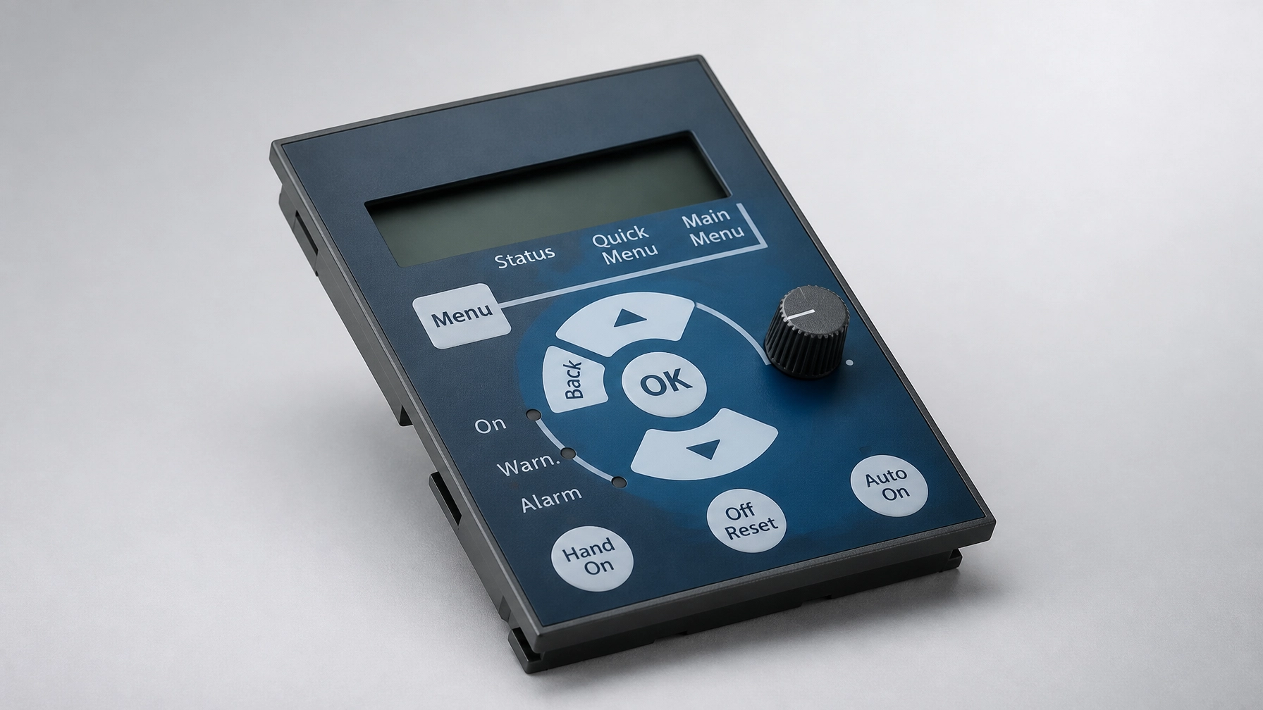 A Danfoss VFD control panel featuring an LCD display for precise HVAC/R system management.