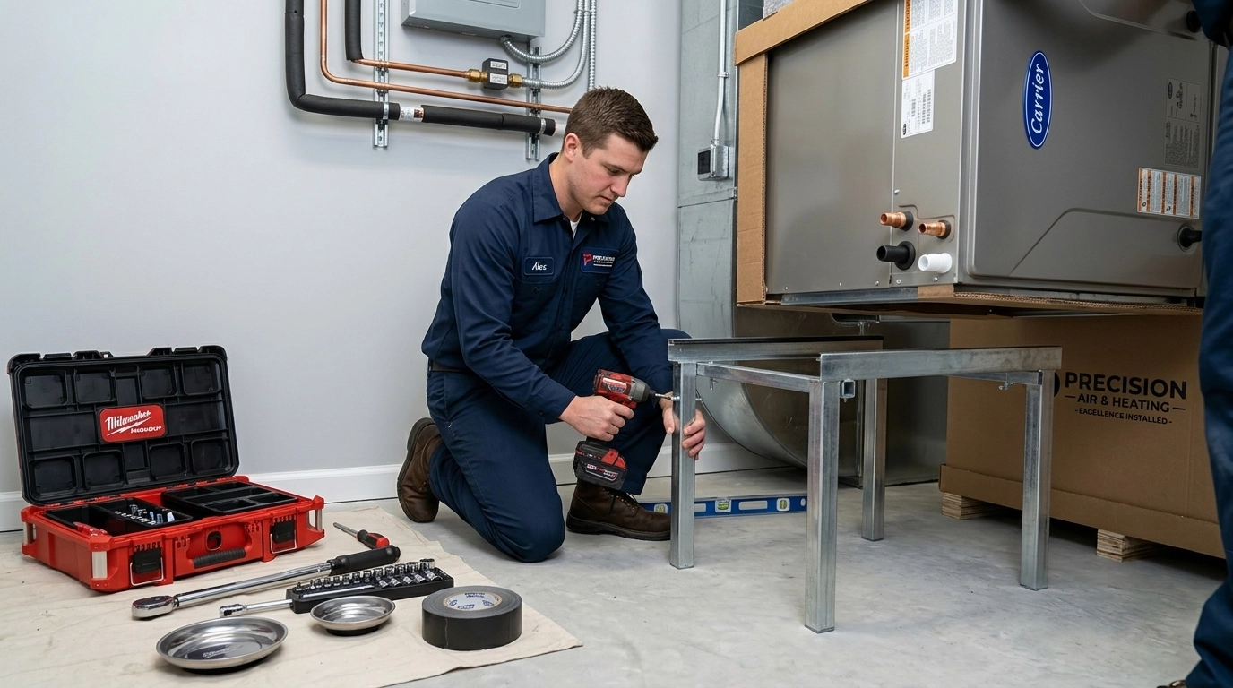 HVAC Contractor Installing Air Handler Stand