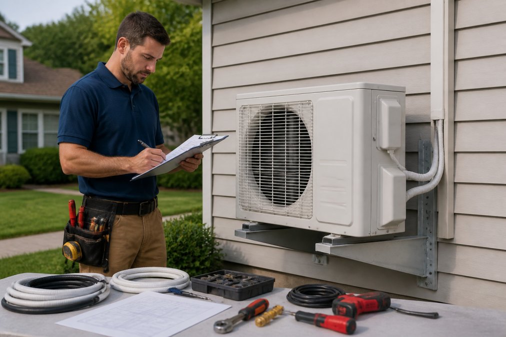 HVAC contractor reviewing a load calculation worksheet on a clipboard while standing next to an outdoor mini split compressor unit installed on a wall bracket, natural daylight, suburban residential setting