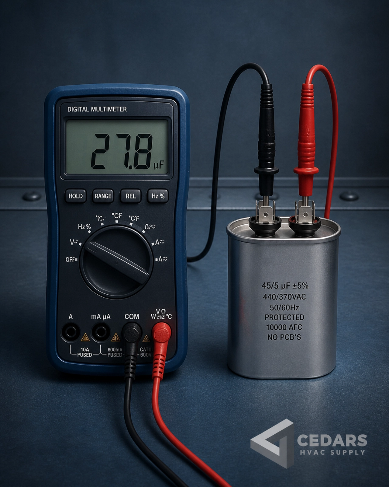 Technician testing an HVAC capacitor with a digital multimeter