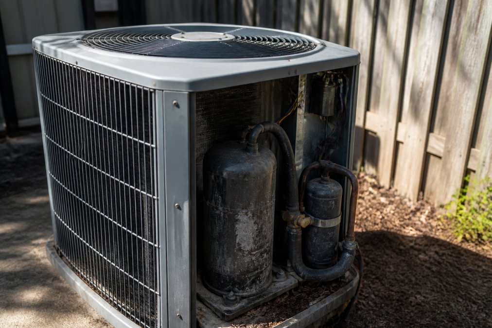 Close-up of an outdoor HVAC condenser unit with visible wear, showing the compressor housing and refrigerant lines against a sun-bleached residential backyard fence, afternoon light casting sharp shadows across the unit