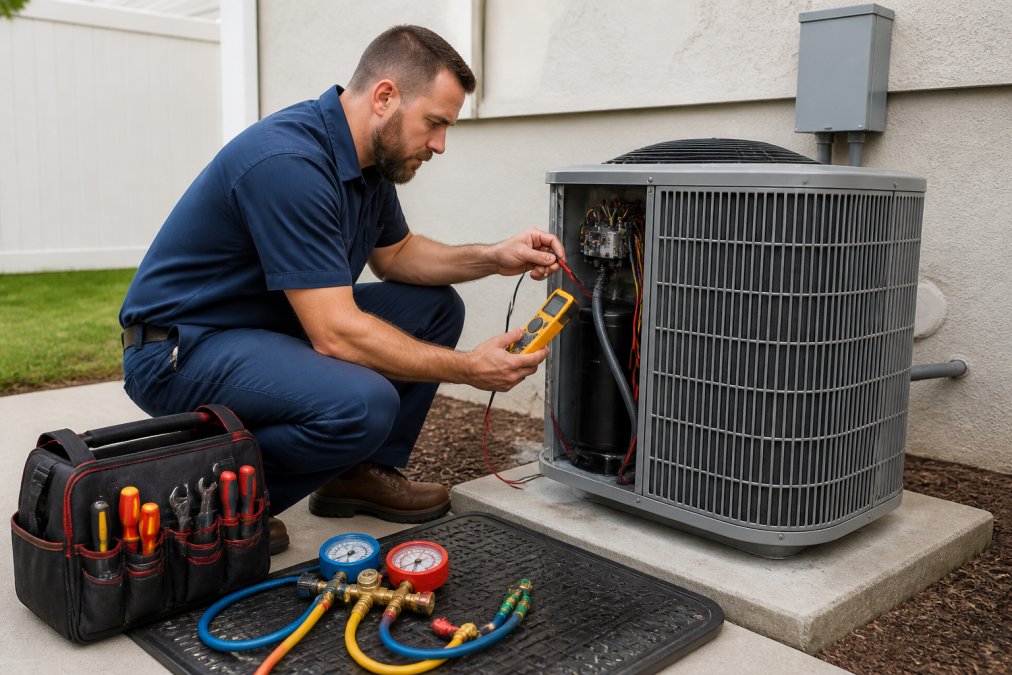 An HVAC technician in a navy uniform crouching beside an outdoor condenser unit, using a digital multimeter to probe the compressor terminals, with a tool bag and manifold gauge set laid out on a rubber mat on the concrete pad