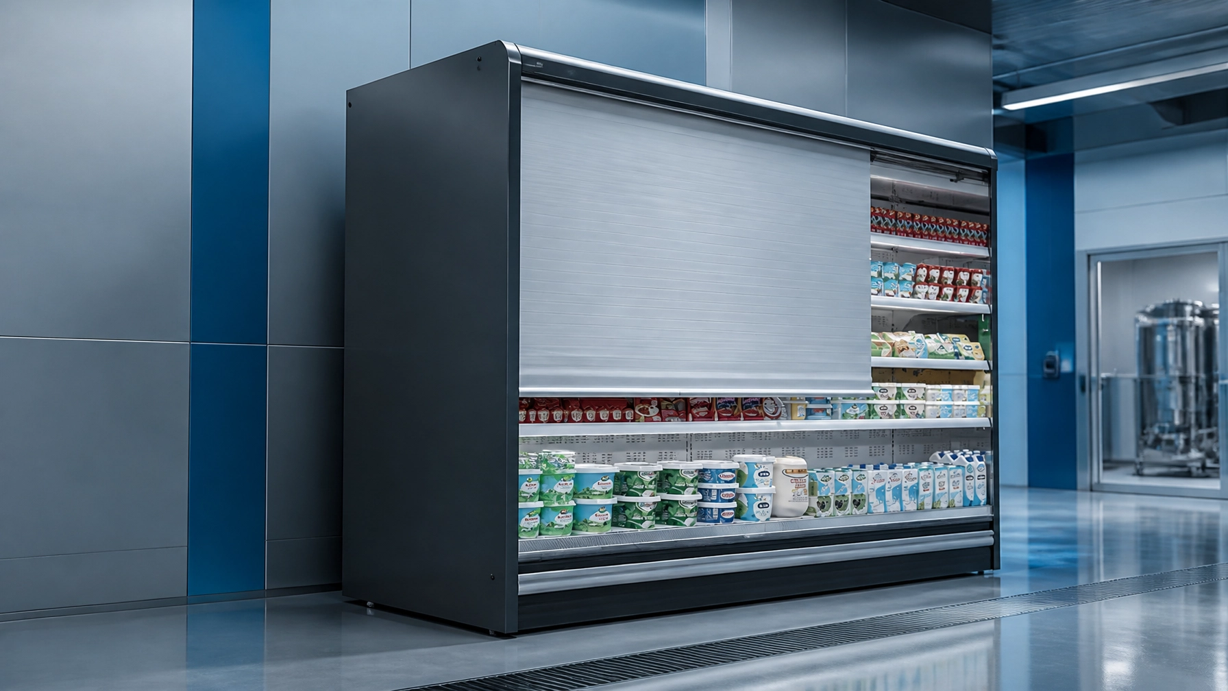 Commercial glass door display with night cover deployed