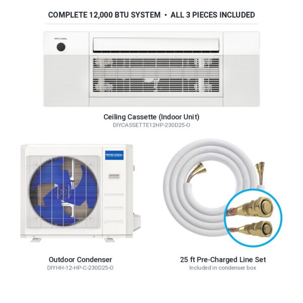 MRCOOL DIYCASSETTE12HP-230D25-O complete 12,000 BTU system: ceiling cassette, DIYHH-12-HP-C-230D25-O outdoor condenser and 25 ft pre-charged line set
